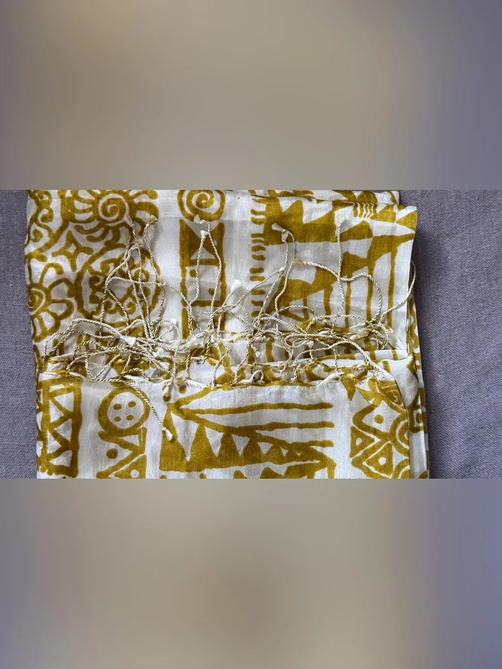 Trades of Hope 100% Silk Scarf Wrap Shawl Ivory Mustard Gold Fringe 35x66”